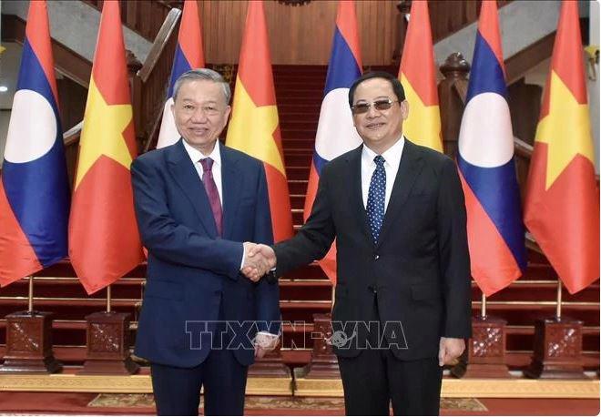 President To Lam meets Lao Prime Minister Sonexay Siphandone in Vientiane on July 11 (Photo: VNA)