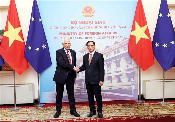 Minister of Foreign Affairs Bui Thanh Son (right) meeting with Mr. Josep Borrell Fontelles, Vice President of the European Commission (EC) and High Representative of the European Union for Foreign Affairs and Security Policy. Photo: VNA