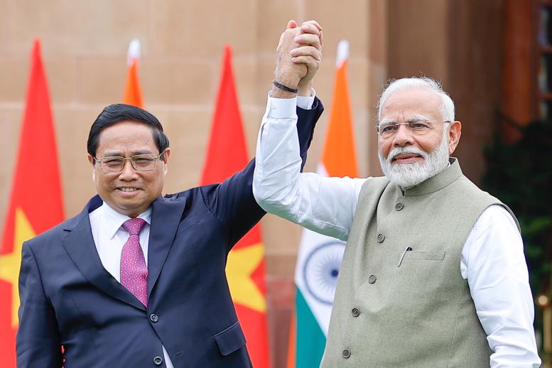 Thủ tướng Ấn Độ Narendra Modi chủ trì lễ đón Thủ tướng Phạm Minh Chính thăm cấp Nhà nước tới Ấn Độ - Ảnh: VGP