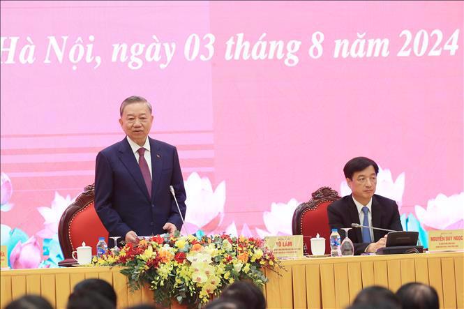 Party General Secretary and State President To Lam  at the international press conference in Hanoi on August 3 (Photo: VNA)