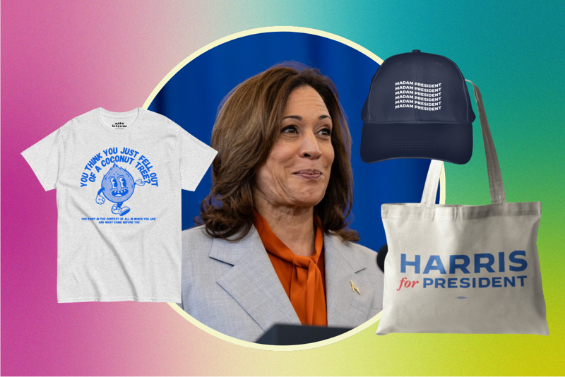 Một số đồ lưu niệm thuộc chiến dịch tranh cử Tổng thống Mỹ của bà Kamala Harris. Ảnh: Her Campus