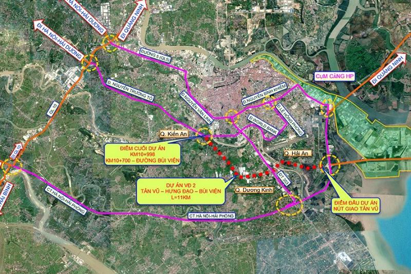 A map featuring the 11-kmTan Vu-Hung Dao-Bui Vien section of Hai Phong city's Ring Road 2 (the red dash line).