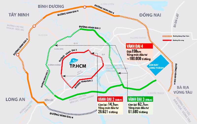 An outline of the Route map for planned Ho Chi Minh City Ring Road 4 (orange line)