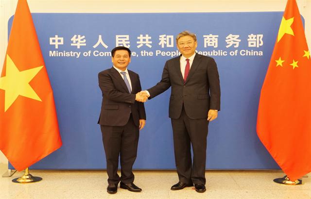 Vietnamese Minister of Trade and Industry Nguyen Hong Dien (left) and Chinese Minister of Commerce Wang Wentao (right). (Photo VGP)