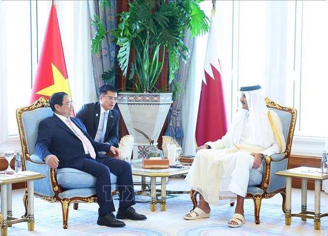  Prime Minister Pham Minh Chinh (L) meets with Emir of Qatar Sheikh Tamim Bin Hamad Al Thani in Doha on October 31. (Photo: VNA)