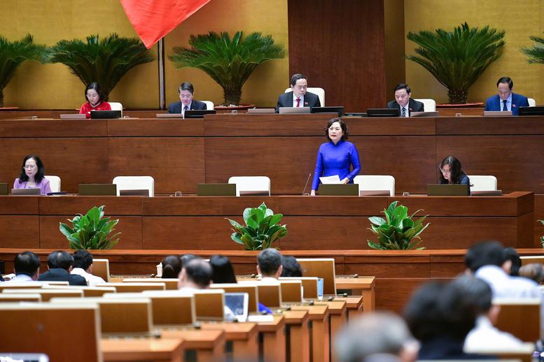 State Bank of Vietnam Governor Nguyen Thi Hong (standing) at the question-and-answer session of the National Assembly on November 11. (Photo: VGP)