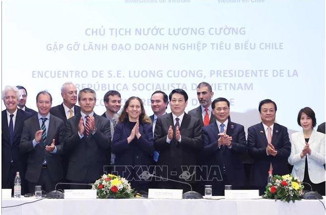 President Luong Cuong (front row, 4th from right) at his meeting with Chilean prominent business executives on November 11. (Photo: VNA)