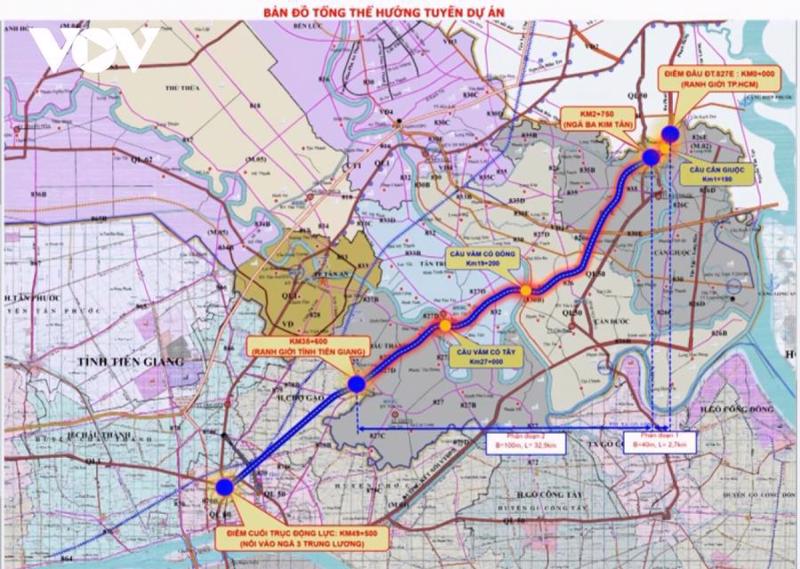 Bản đồ hướng tuyến dự án xây mới quốc lộ 50B nối TP.HCM - Long An - Tiền Giang và 3 cầu qua các sông Cần Giuộc, Vàm Cỏ Đông và Vàm Cỏ Tây.