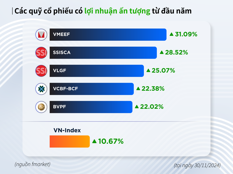 Các quỹ cổ phiếu có lợi nhuận ấn tượng từ đầu năm 2024 (tính đến ngày 30/11/2024) - Nguồn: Fmarket.