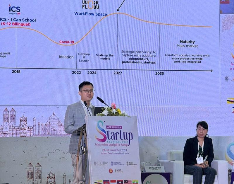 Nguyễn Đình Quý, nhà sáng lập startup WorkFlow, trình bày ý tưởng tại lễ hội startup Ấn Độ - ASEAN ở New Delhi hôm 29/11 - Ảnh: Kiều Oanh.