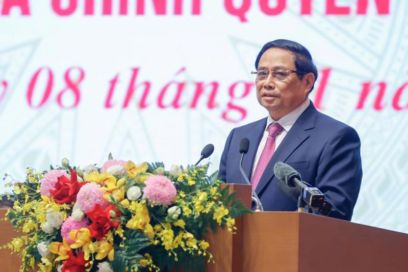 PM Pham Minh Chinh is addressing the meeting on January 8. (Photo: VGP)