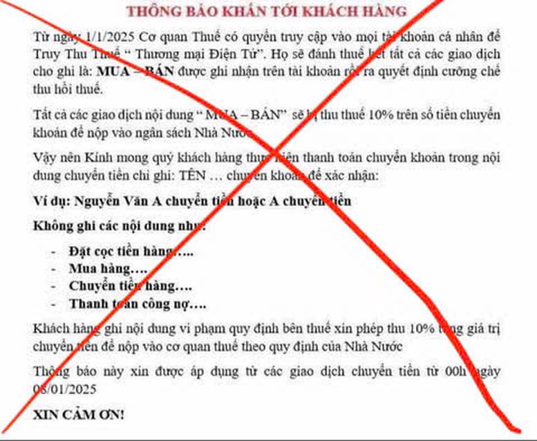 Ngày 9/1, trên mạng xã hội xuất hiện thông tin giao dịch thương mại điện tử sẽ bị thu thuế 10%... đây là thông tin giả mạo.