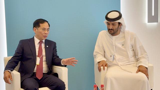 Deputy Prime Minister Bui Thanh Son (L) and Minister of Economy of the United Arab Emirates (UAE) Abdulla Bin Touq Al Marri, during their meeting in Dubai on February 11. (Photo: VGP)