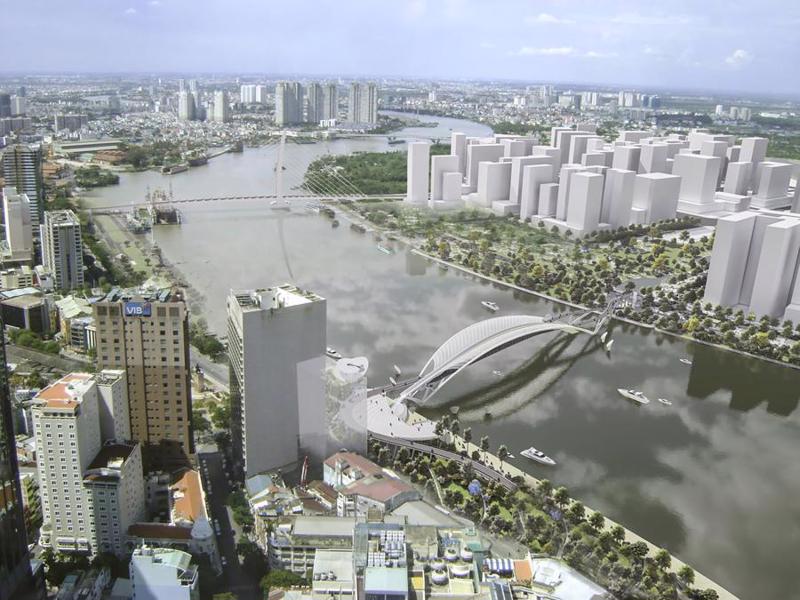 The bridge over the Saigon River is designed in the shape of a water coconut leaf.