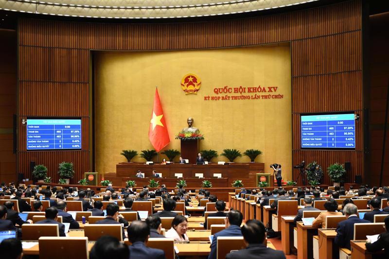 The 9th extraordinary session of the 15th National Assembly pass the Law on the Organization of the Government (revised) on February 18. (Photo: quochoi.vn)