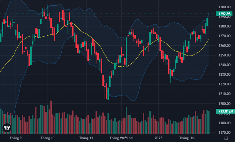 VN-Index vẫn đang tiến tới chinh phục đỉnh 1300 điểm.
