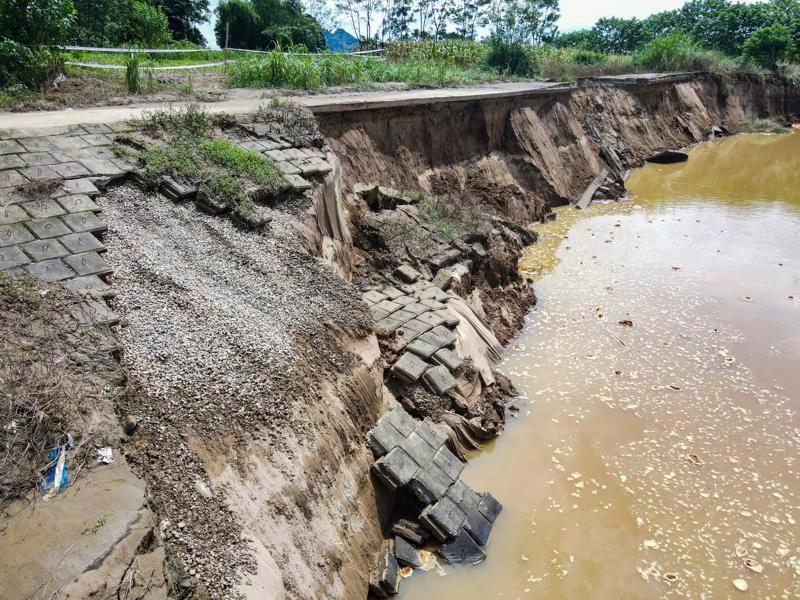 Khu vực bờ kè sông Mã tại xã Ninh Khang, huyện Vĩnh Lộc bị sạt lở nghiêm trọng trong đợt mưa bão năm 2024