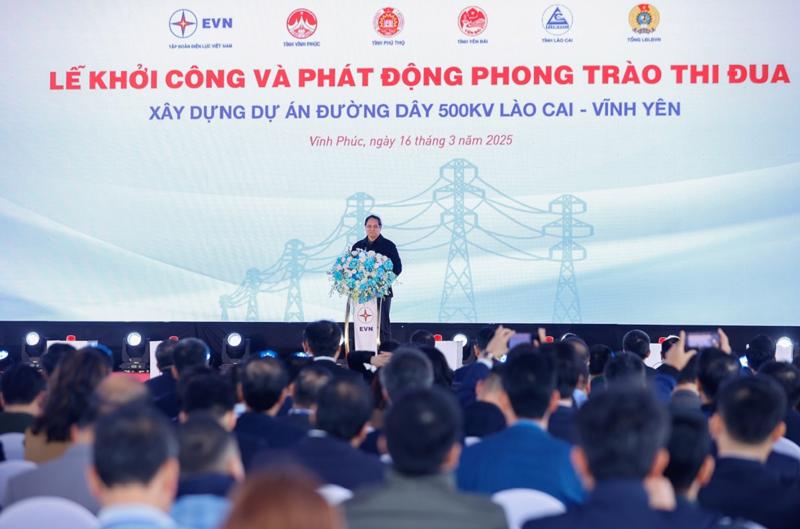 Thủ tướng Phạm Minh Chính phát biểu tại lễ khởi công và phát động phong trào thi đua xây dựng dự án đường dây tải điện 500 1xbet link bulgaria - Vĩnh Yên.