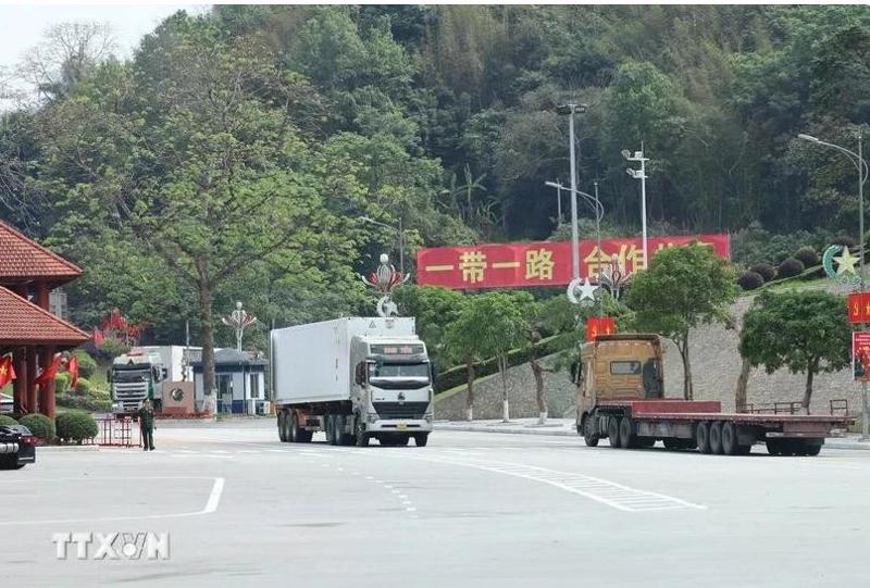 Trucks carry imported/exported goods at Huu Nghi border gate in the northern province of Lang Son. (Photo: VNA)
