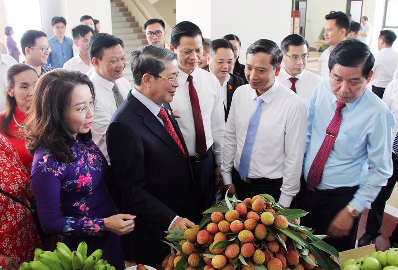 The conference participants examine Bac Giang lychee on display at the event.