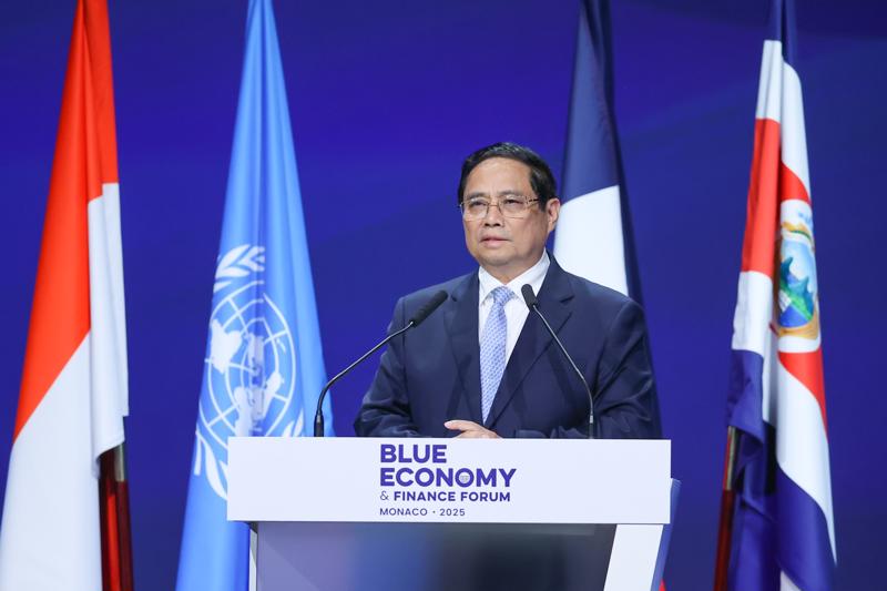 Thủ tướng Phạm Minh Chính phát biểu tại Diễn đàn Kinh tế và Tài chính xanh, trong khuôn khổ Hội nghị UNOC 3 - Ảnh VGP