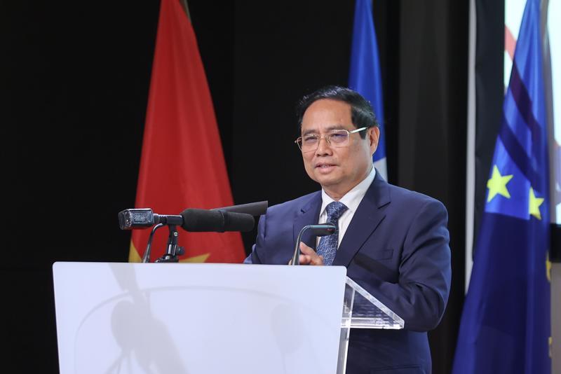 Thủ tướng Phạm Minh Chính phát biểu tại Diễn đàn Doanh nghiệp Việt Nam-Pháp - Ảnh: VGP