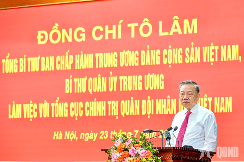 Tổng Bí thư Tô Lâm, Bí thư Quân ủy Trung ương phát biểu chỉ đạo tại buổi làm việc với Tổng cục Chính trị Quân đội nhân dân Việt Nam. Ảnh: Báo Quân đội Nhân dân.