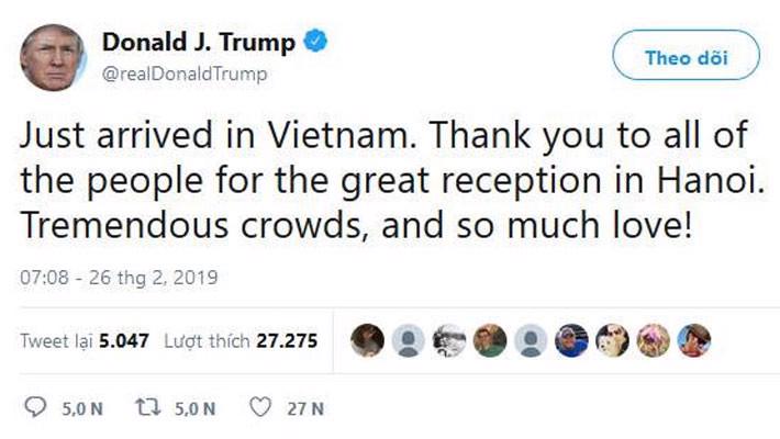 Vừa đến Hà Nội, ông Trump đăng tweet cảm ơn Việt Nam - Ảnh 1.