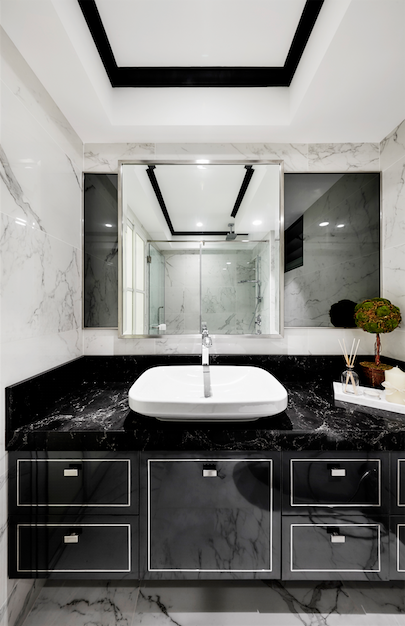 Phòng tắm sang trọng chỉ với hai tông màu đen và trắng - Ảnh 4.