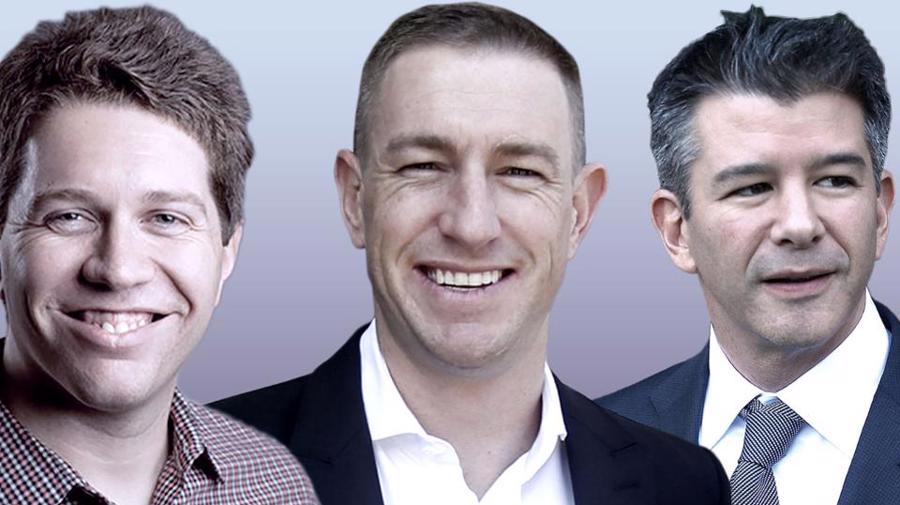 Bộ ba tỷ ph&uacute; Uber, từa tr&aacute;i qua: Garrett Camp, Ryan Graves, v&agrave; Travis Kalanick.