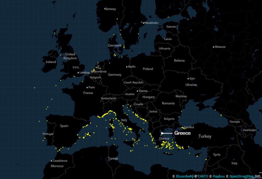 Du thuyền đậu k&iacute;n quanh c&aacute;c cảng của Hy Lạp trong th&aacute;ng 6, theo dữ liệu theo d&otilde;i du thuyền của Bloomberg.