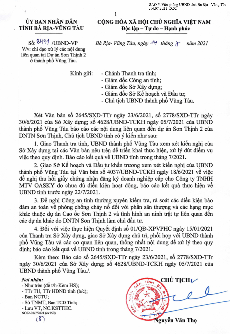 (Văn bản số 8431 của UBND tỉnh B&agrave; Rịa - Vũng T&agrave;u chỉ đạo xử l&yacute; dứt điểm tại dự &aacute;n Sơn Thịnh 2).