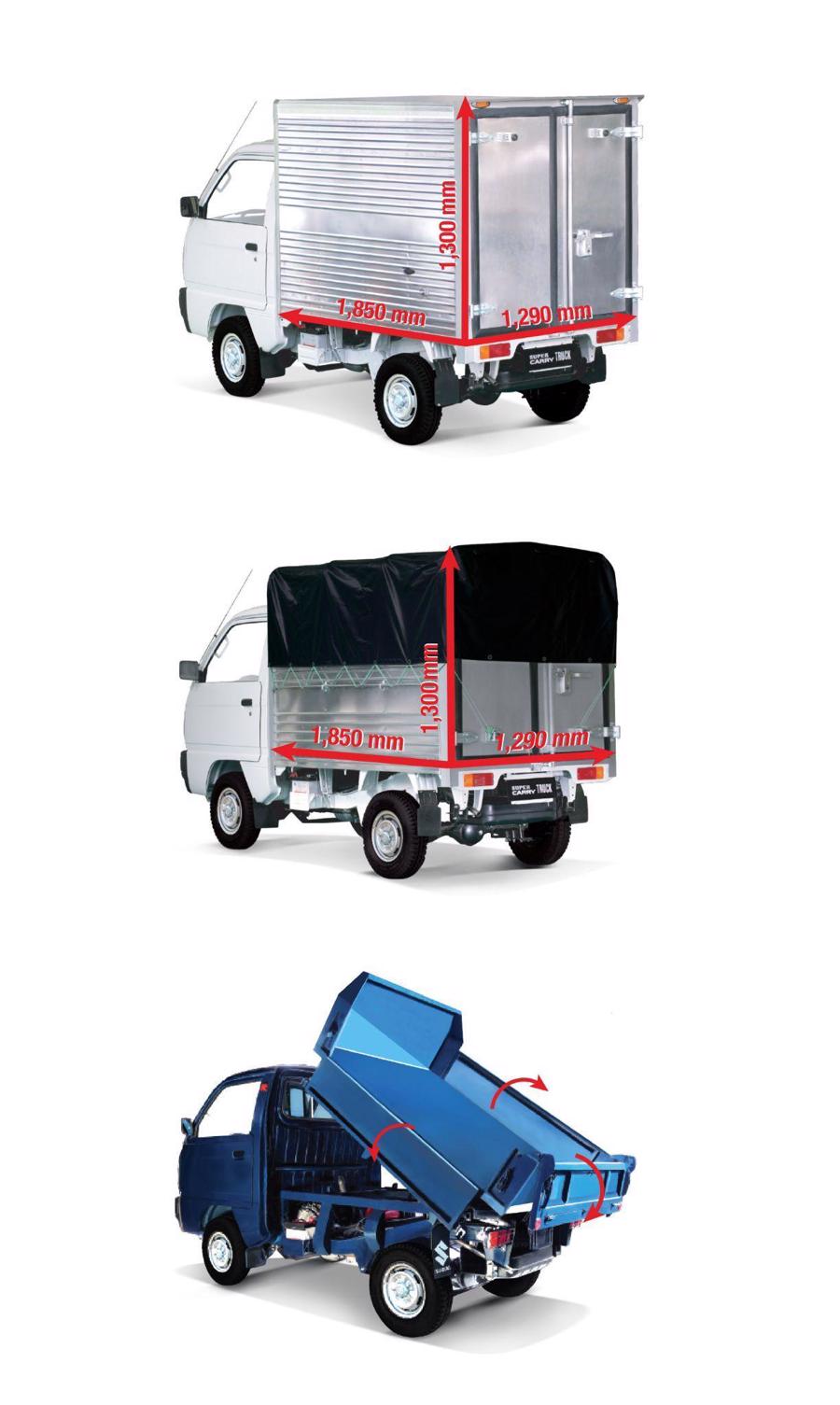 Kh&aacute;ch h&agrave;ng Suzuki Carry Truck Truck c&oacute; nhiều lựa chọn th&ugrave;ng xe: th&ugrave;ng k&iacute;n, mui bạt, th&ugrave;ng ben (theo thứ tự từ tr&ecirc;n xuống).
