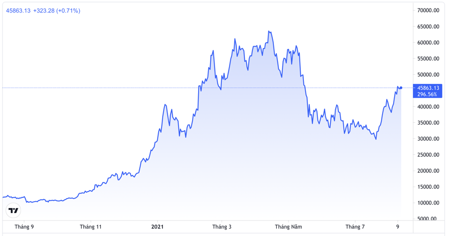 Diễn biến gi&aacute; Bitcoin 1 năm qua. Đơn vị: USD/Bitcoin - Nguồn: Trading View.