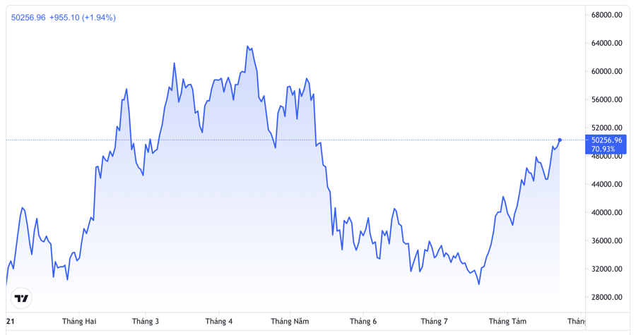 Diễn biến gi&aacute; Bitcoin từ đầu năm đến nay. Đơn vị: USD/Bitcoin - Nguồn: TradingView.