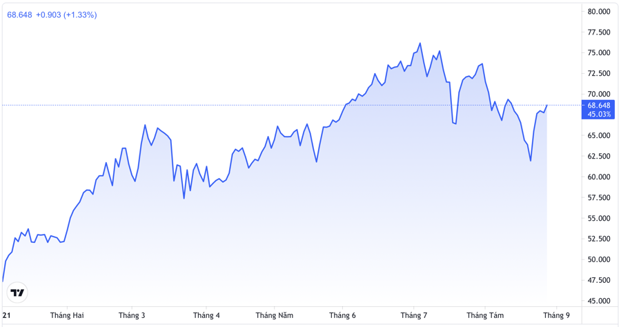 Diễn biến gi&aacute; dầu WTI từ đầu năm đến nay. Đơn vị: USD/th&ugrave;ng - Nguồn: Trading View.