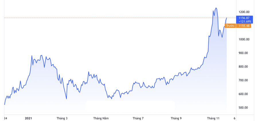 Diễn biến gi&aacute; cổ phiếu Tesla trong v&ograve;ng 1 năm qua. Đơn vị: USD/cổ phiếu - Nguồn: TradingView.