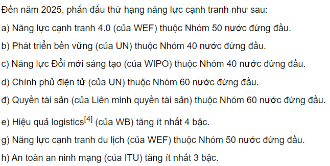 Một số mục ti&ecirc;u n&acirc;ng cao năng lực cạnh tranh của Việt Nam đến năm 2025.
