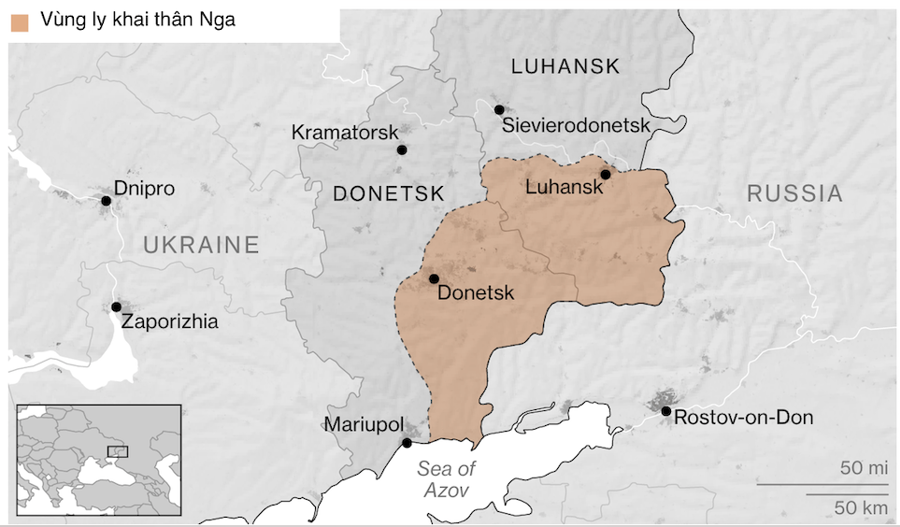 Hai v&ugrave;ng ly khai Donetsk v&agrave; Luhansk nằm ở bi&ecirc;n giới giữa Ukraine v&agrave; Nga - Nguồn: Bloomberg.