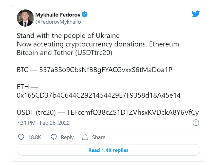 Đăng tải tr&ecirc;n Twitter của&nbsp;Ph&oacute; Thủ tướng, Bộ trưởng Chuyển đổi số Ukraine&nbsp;Mykhailo Fedorov h&ocirc;m thứ Bảy - Ảnh:&nbsp; Twitter