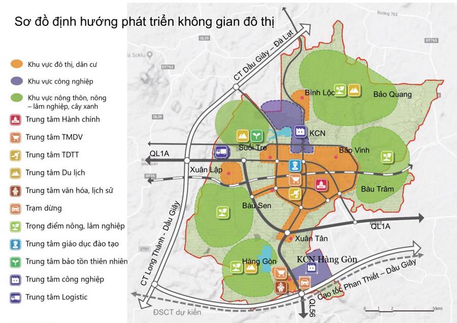 Bản đồ quy hoạch của th&agrave;nh phố Long Kh&aacute;nh với vị tr&iacute; trung t&acirc;m chiến lược tập trung tại phường Bảo Vinh.