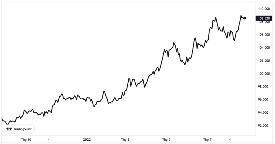 Diễn biến chỉ số Dollar Index trong v&ograve;ng 1 năm trở lại đ&acirc;y.