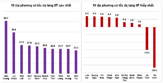 Tốc độ tăng/giảm IIP 8 th&aacute;ng năm 2022so với c&ugrave;ng kỳ năm trước của một số địa phương (%)