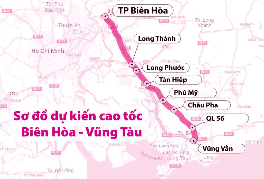 Sơ đồ hướng tuyến cao tốc Bien H&ograve;a - Vũng T&agrave;u.
