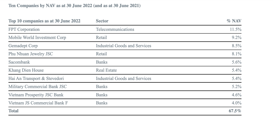 Top 10 danh mục đầu tư của Vietnam Holding.&nbsp;