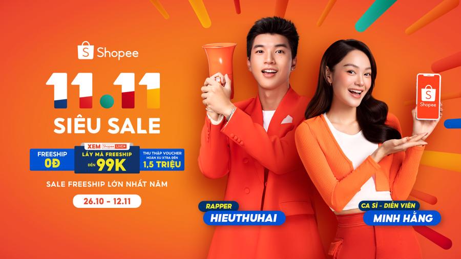 Minh Hằng v&agrave; HIEUTHUHAI tiếp tục đồng h&agrave;nh c&ugrave;ng Shopee trong 11/11 Si&ecirc;u Sale.