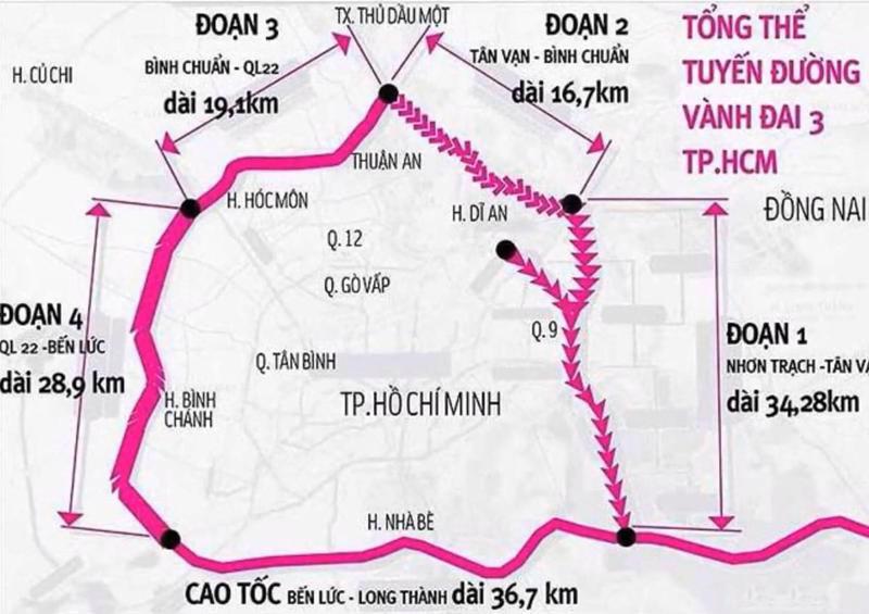 Dự án đường Vành đai 3 TP.HCM đi qua địa phận 4 địa phương gồm TP.HCM, Đồng Nai, Bình Dương và Long An.