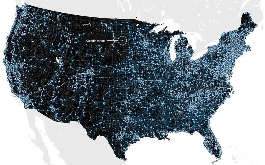 Bản đồ c&aacute;c điểm c&oacute; trạm sạc pin xe điện tr&ecirc;n khắp nước Mỹ. Những điểm m&agrave;u xanh dương c&oacute; &iacute;t nhất một thiết bị sạc pin nhanh - Nguồn: Bộ Năng lượng Mỹ/Wall Street Journal