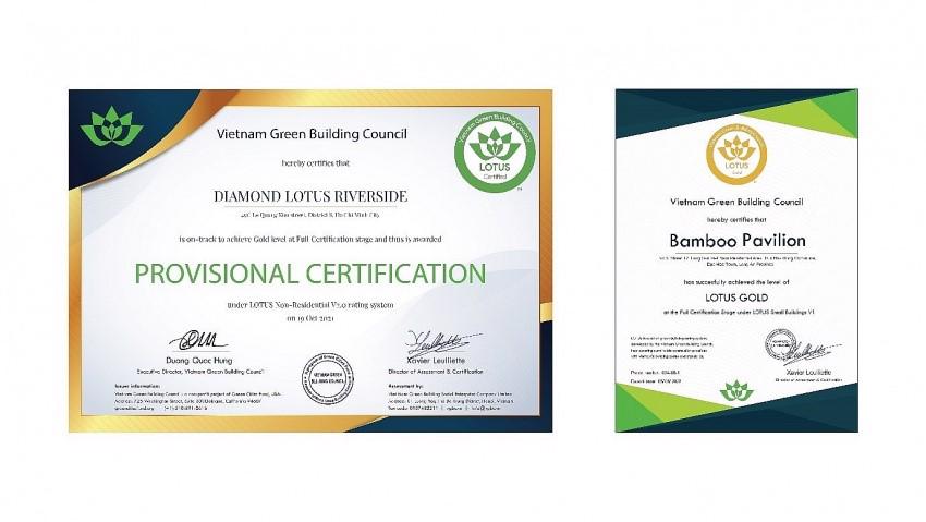 LOTUS Provisional certification for Diamond Lotus Riverside and LOTUS Gold certification for Bamboo Vietnam Convention Center in Vietnam Lotus Village.