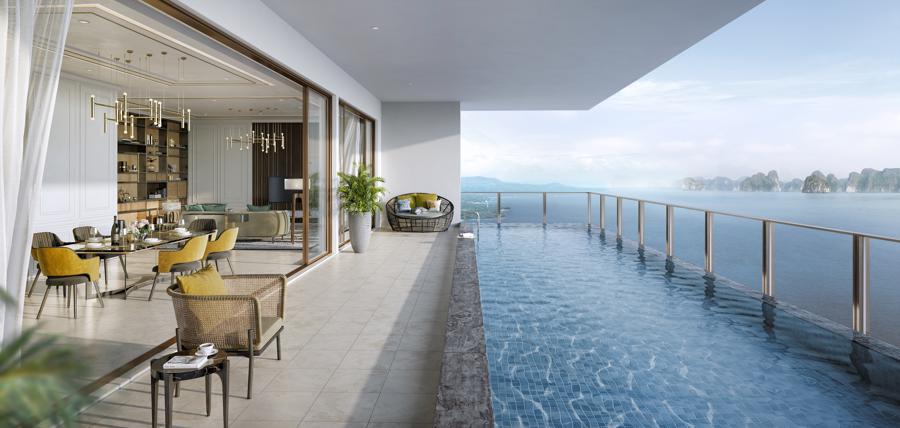 Sky Pool Villa được thiết kế bằng cảm hứng từ &acirc;m hưởng của cuộc sống ch&agrave;i lưới v&agrave; vẻ đẹp đậm t&iacute;nh thi ca của v&ugrave;ng Vịnh.